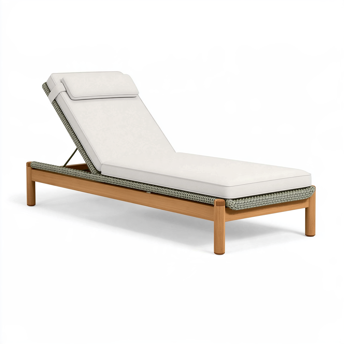 Lettino prendisole 200 x 70 x 85 cm in legno e fibra intrecciata bianco verde salvia con schienale regolabile