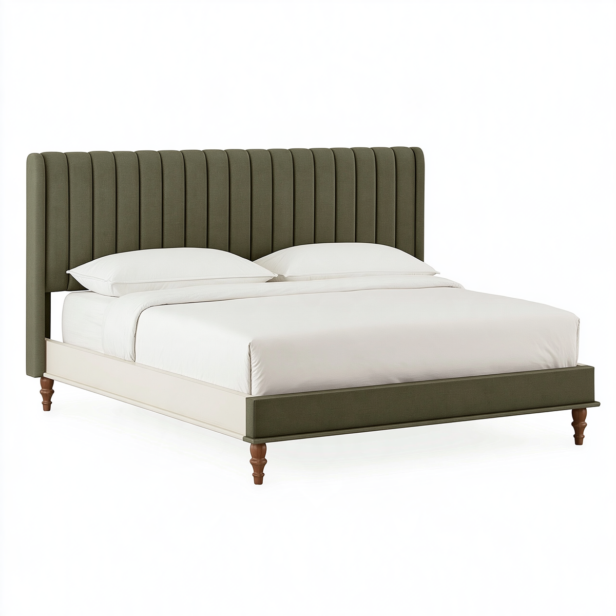 Letto matrimoniale 160 x 200 cm in tessuto verde oliva - testiera imbottita a canali verticali