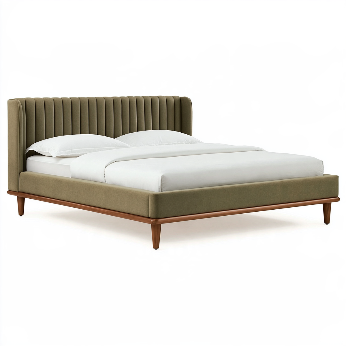 Letto matrimoniale 160 x 200 cm in tessuto verde oliva - testiera imbottita a scanalature