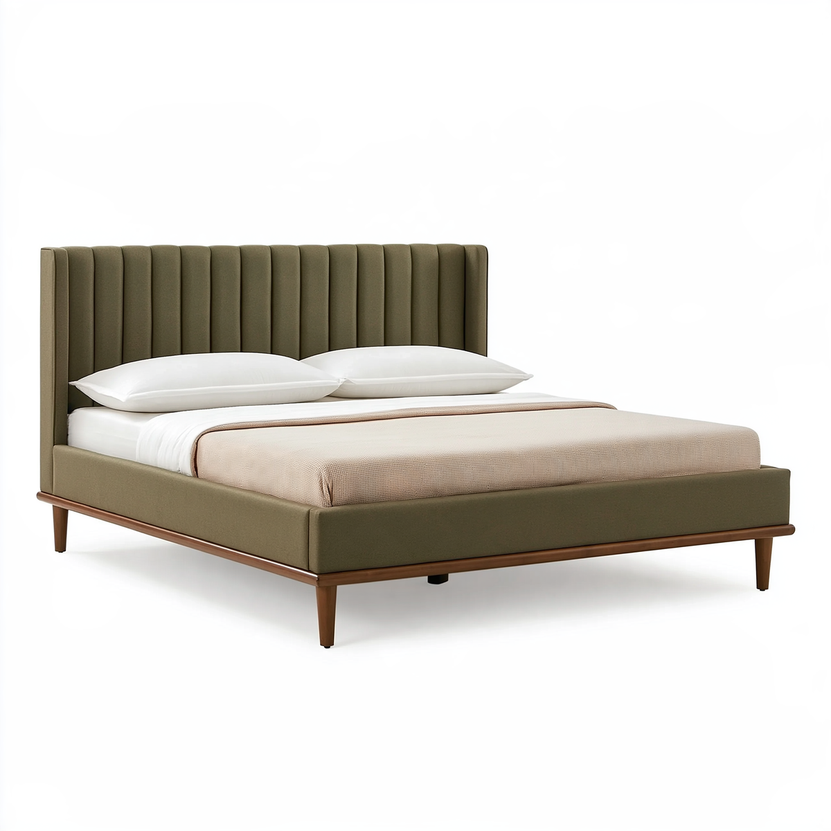 Letto matrimoniale 160 x 200 cm in tessuto verde oliva con testiera imbottita e base in legno