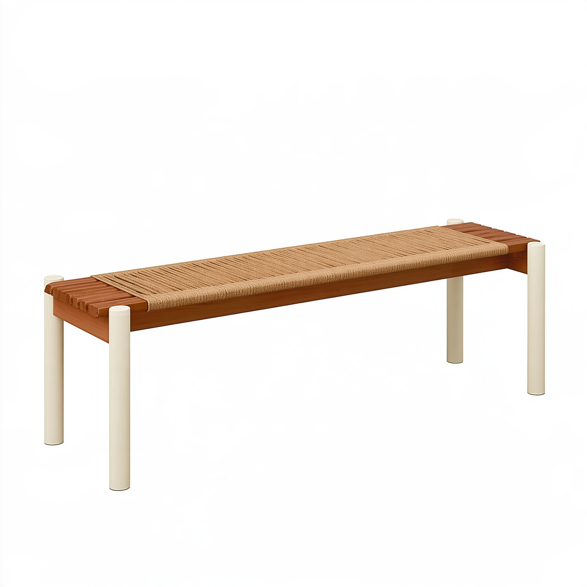 Panca 160 x 45 x 45 cm in legno e corda beige con gambe avorio - stile contemporaneo