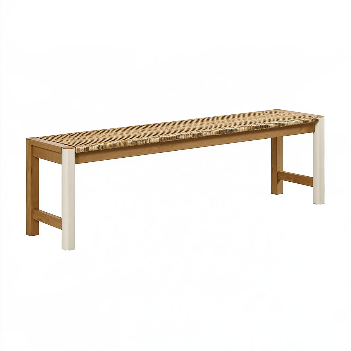 Panca 120 x 40 x 45 cm in legno e corda beige con gambe bianche - seduta intrecciata