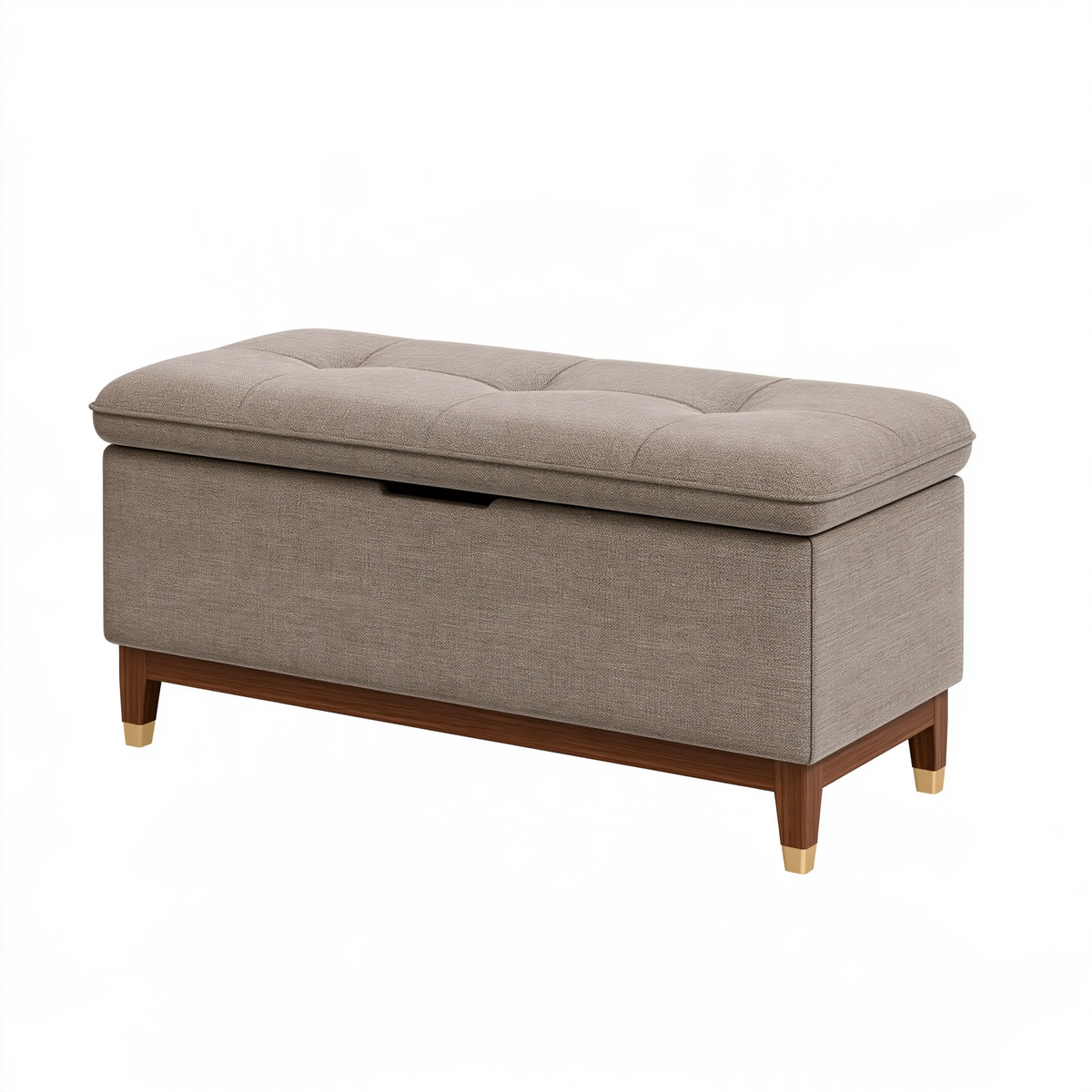 Panca contenitore 120 x 45 x 48 cm in tessuto tortora con gambe in legno - seduta imbottita
