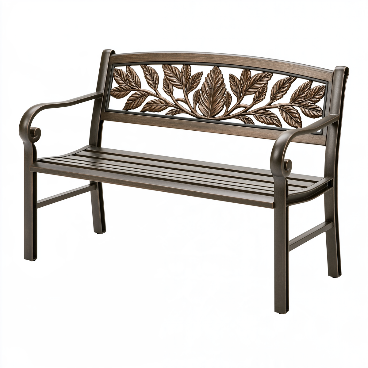 Panca da giardino 122 cm in metallo bronzo con schienale a foglie stile classico