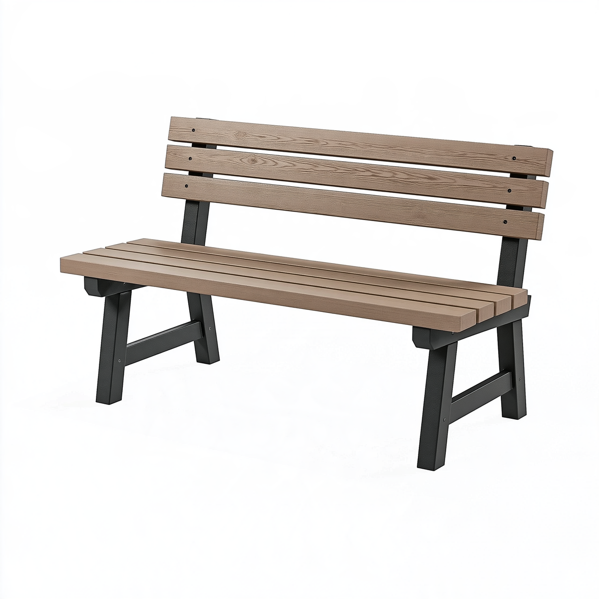 Panchina da esterno 120 cm effetto legno marrone con struttura in metallo nero stile moderno