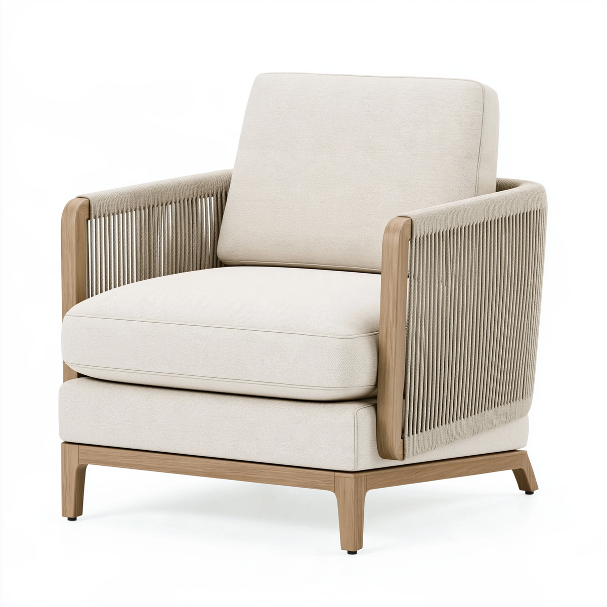 Poltrona 78 x 82 x 86 cm in legno e tessuto beige con braccioli in corda stile contemporaneo