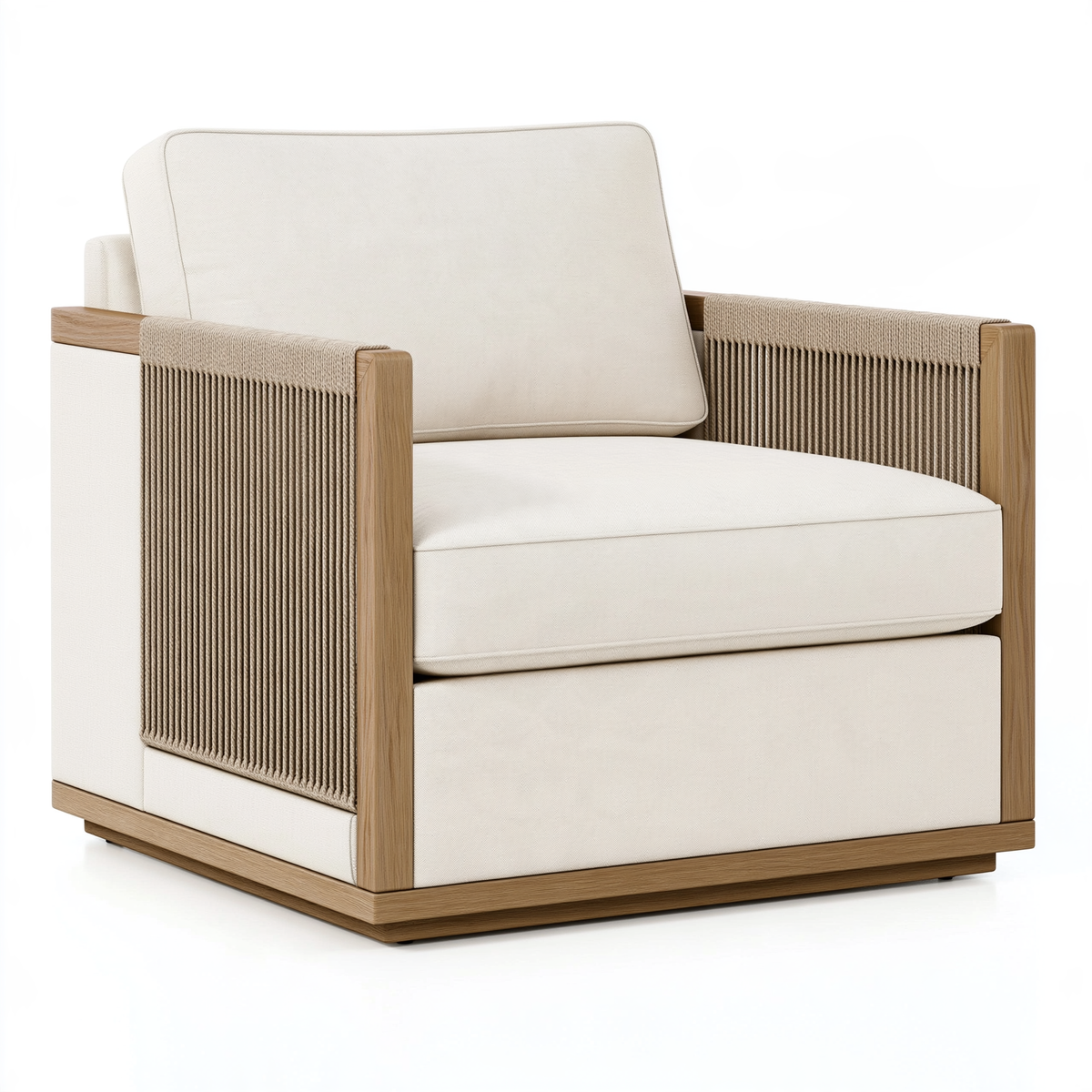 Poltrona 85 x 90 x 85 cm in tessuto avorio e legno con braccioli intrecciati stile contemporaneo