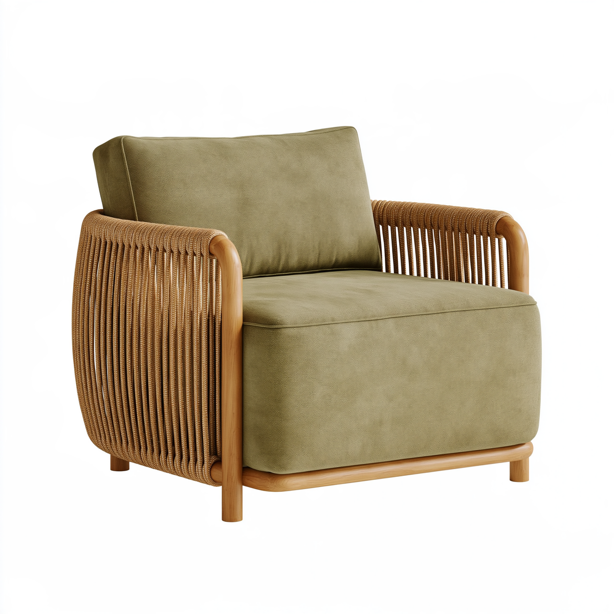 Poltrona 76 x 82 x 82 cm in legno corda e tessuto verde stile naturale